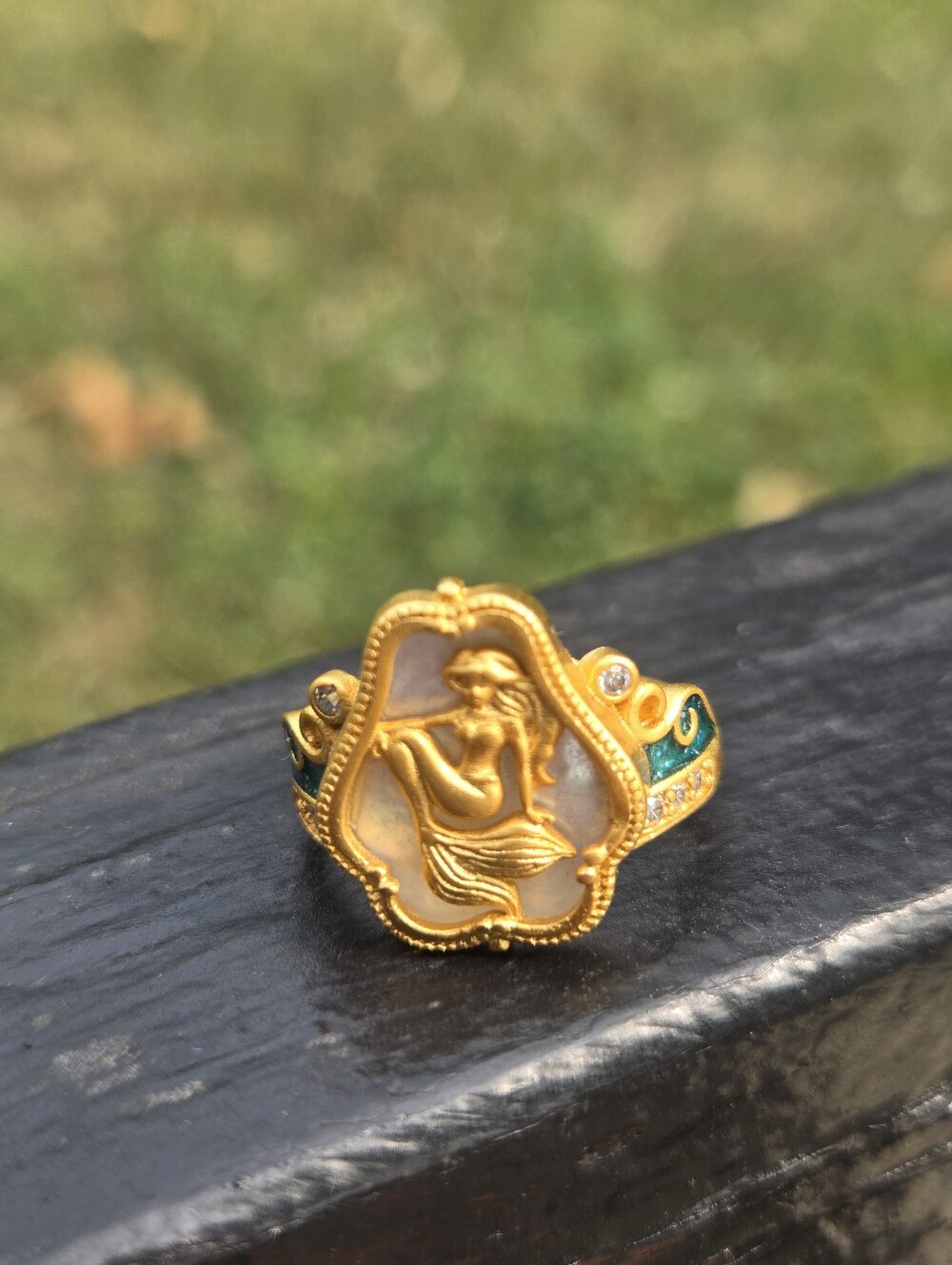 Gold Mermaid Cameo Shield Ring Mother of Pearl Enamel